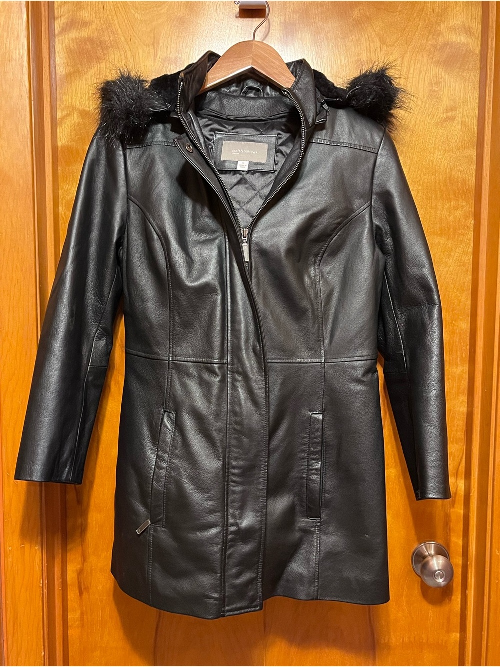 croft & barrow Black-Leather Hooded Coat with Faux-Fur Trim